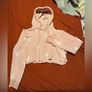 Playboy X Misguided -Pink Bunny Print Cropped Hoodie small